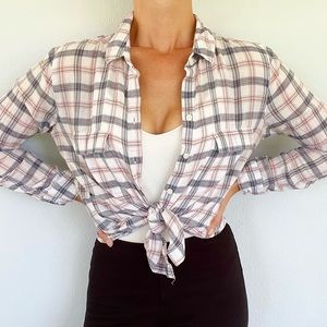 Gap pink gray plaid boyfriend lightweight cotton button down shirt size small